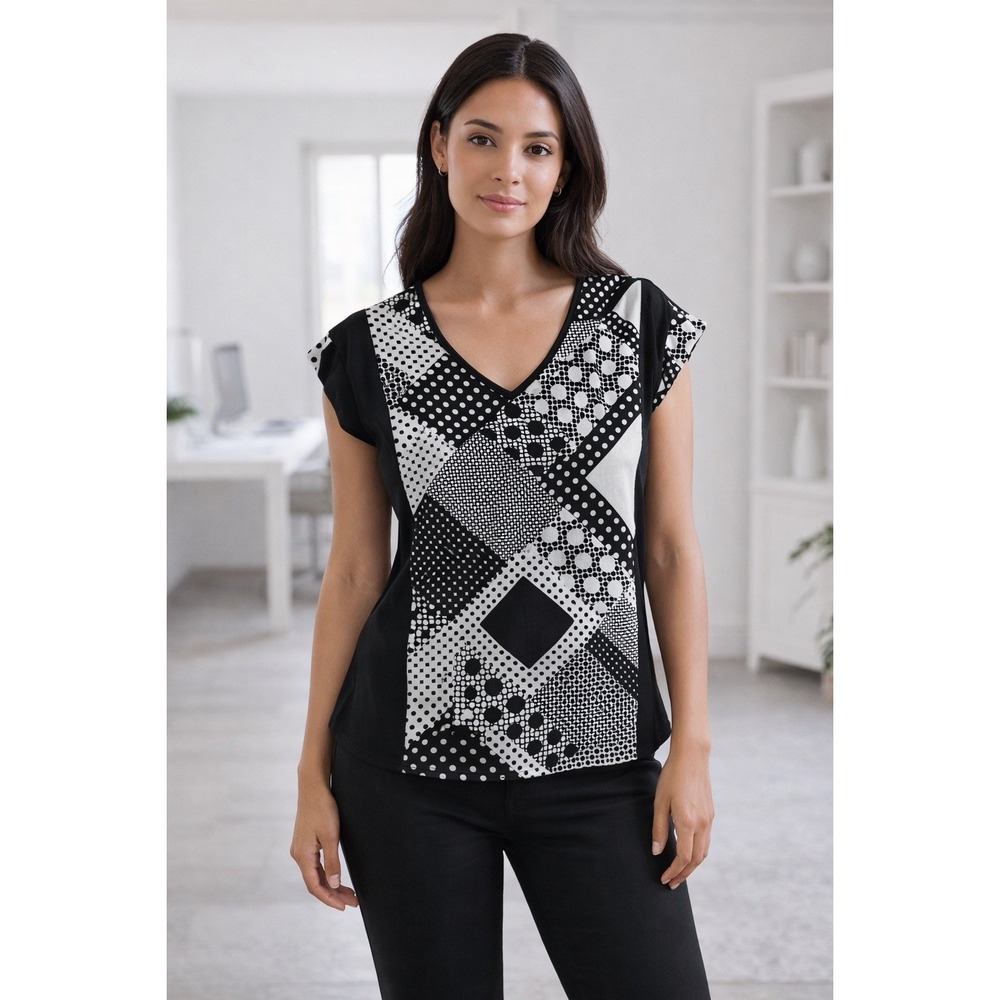 Sunny Leigh Blouse Women Medium Black‎ White Excellent Geometric Polka Dot Top